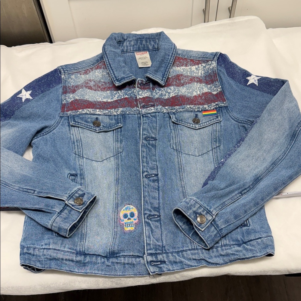 Marvel Blue Denim Jean Jacket with Red & White Flag Accents